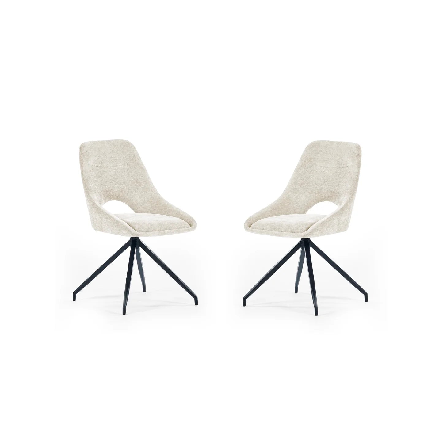 Two beige chairs with black metal legs on a white background