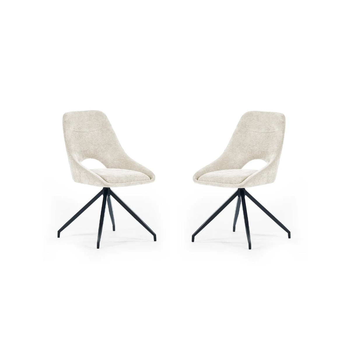 Two beige chairs with black metal legs on a white background