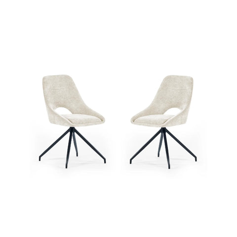 Two beige chairs with black metal legs on a white background