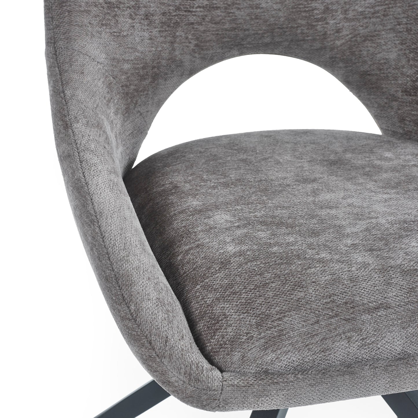 Close up of Seat of Lambeth Chenille Grey Fabric Swivel Dining Chairs with Black Metal Legs