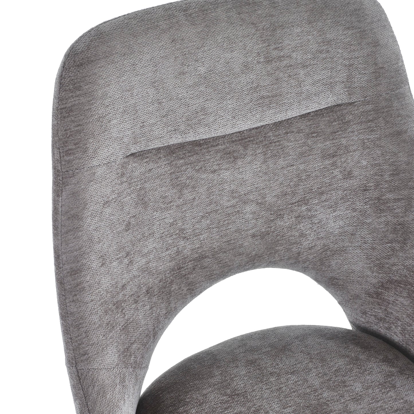 Back Rest Close up of Lambeth Chenille Grey Fabric Swivel Dining Chairs with Black Metal Legs