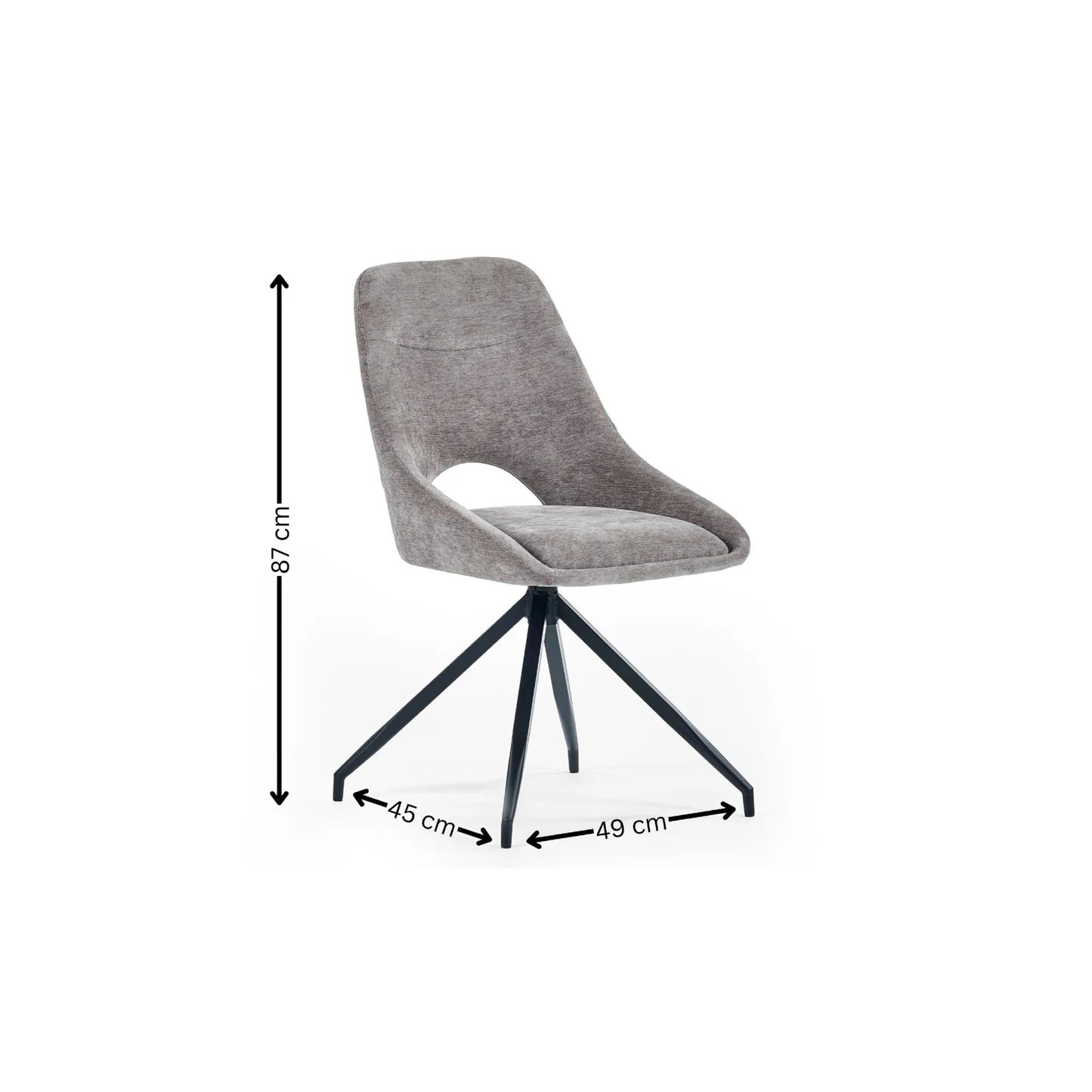 Lambeth Chenille Grey Fabric Swivel Dining Chairs with Black Metal Legs with dimensions indicated on a white background