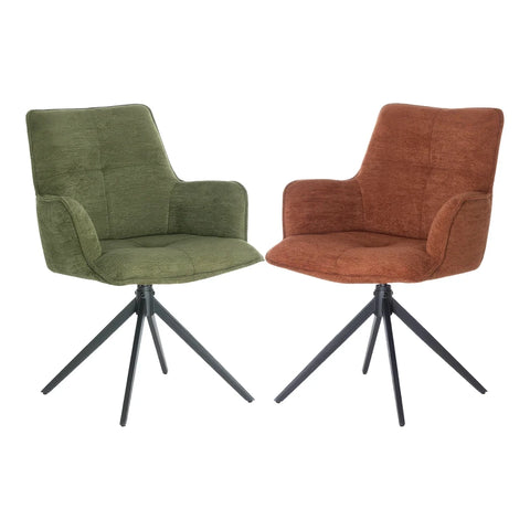Two modern swivel dining chairs with black metal tripod bases, one upholstered in textured olive green fabric and the other in rust brown fabric, shown against a plain white background.