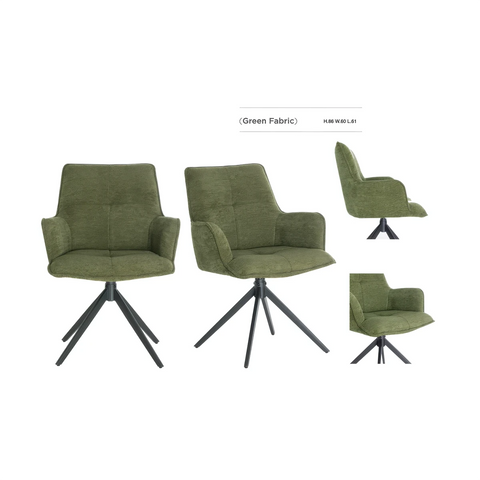 Modern Jaxon Olive Green Fabric Upholstered Swivel Dining Chair with tripod Shape Black Metal Legs, Shown in different angles