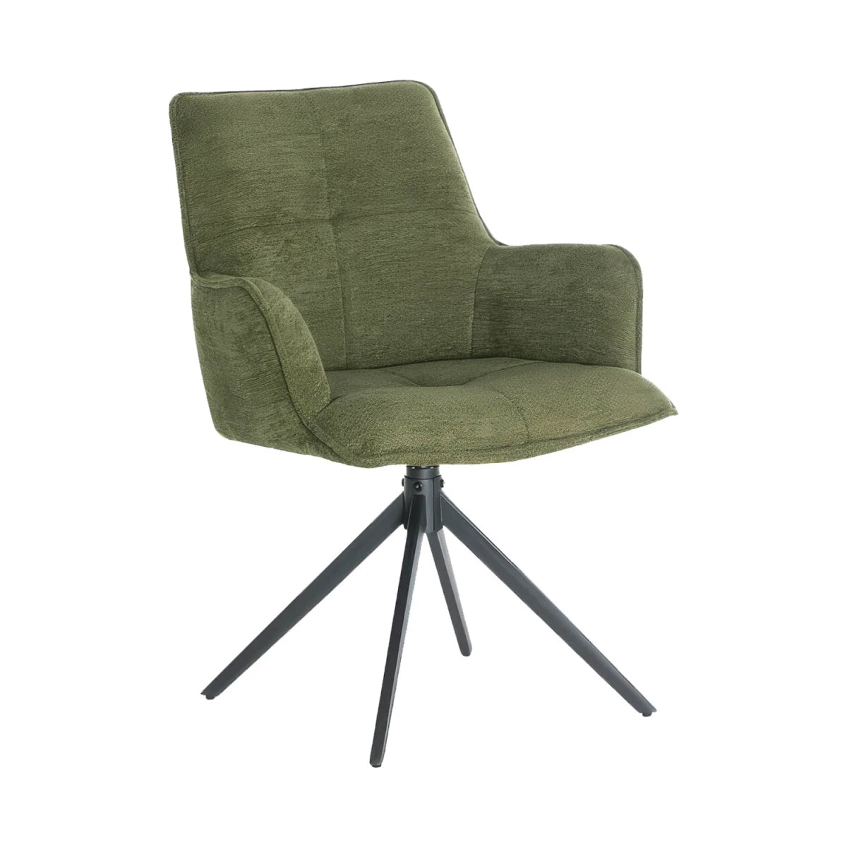 An upholstered swivel chair with a high back, padded armrests, and a black metal four-star base, shown on a plain white background.
