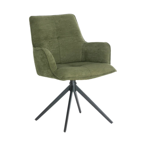 An upholstered swivel chair with a high back, padded armrests, and a black metal four-star base, shown on a plain white background.
