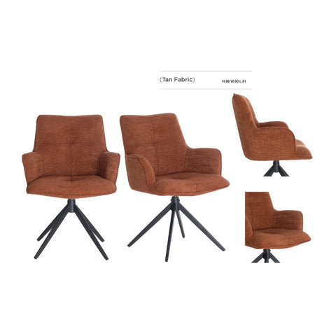 Four views of a modern swivel armchair upholstered in tan fabric with a black metal star base, shown on a white background with a label reading '(Tan Fabric)'.