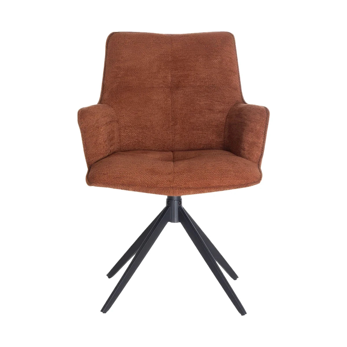 A modern swivel dining chair upholstered in a textured rust orange fabric, featuring a high backrest and a black metal four-star base, shown against a plain white background.