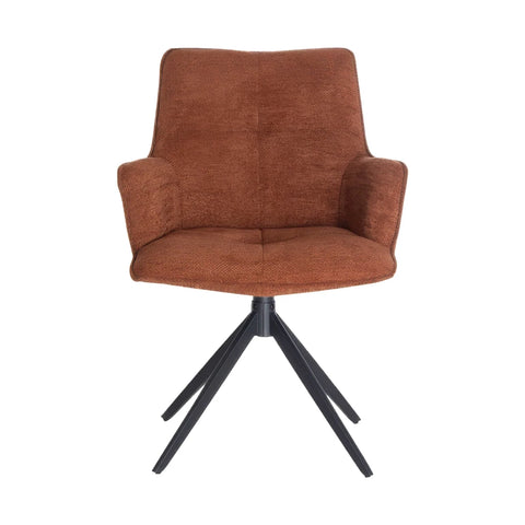 A modern swivel dining chair upholstered in a textured rust orange fabric, featuring a high backrest and a black metal four-star base, shown against a plain white background.