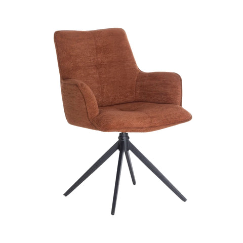 A modern swivel dining chair upholstered in a textured Rust Orange fabric, featuring a tall backrest, curved armrests, and a black three-star metal base, shown against a plain white background.