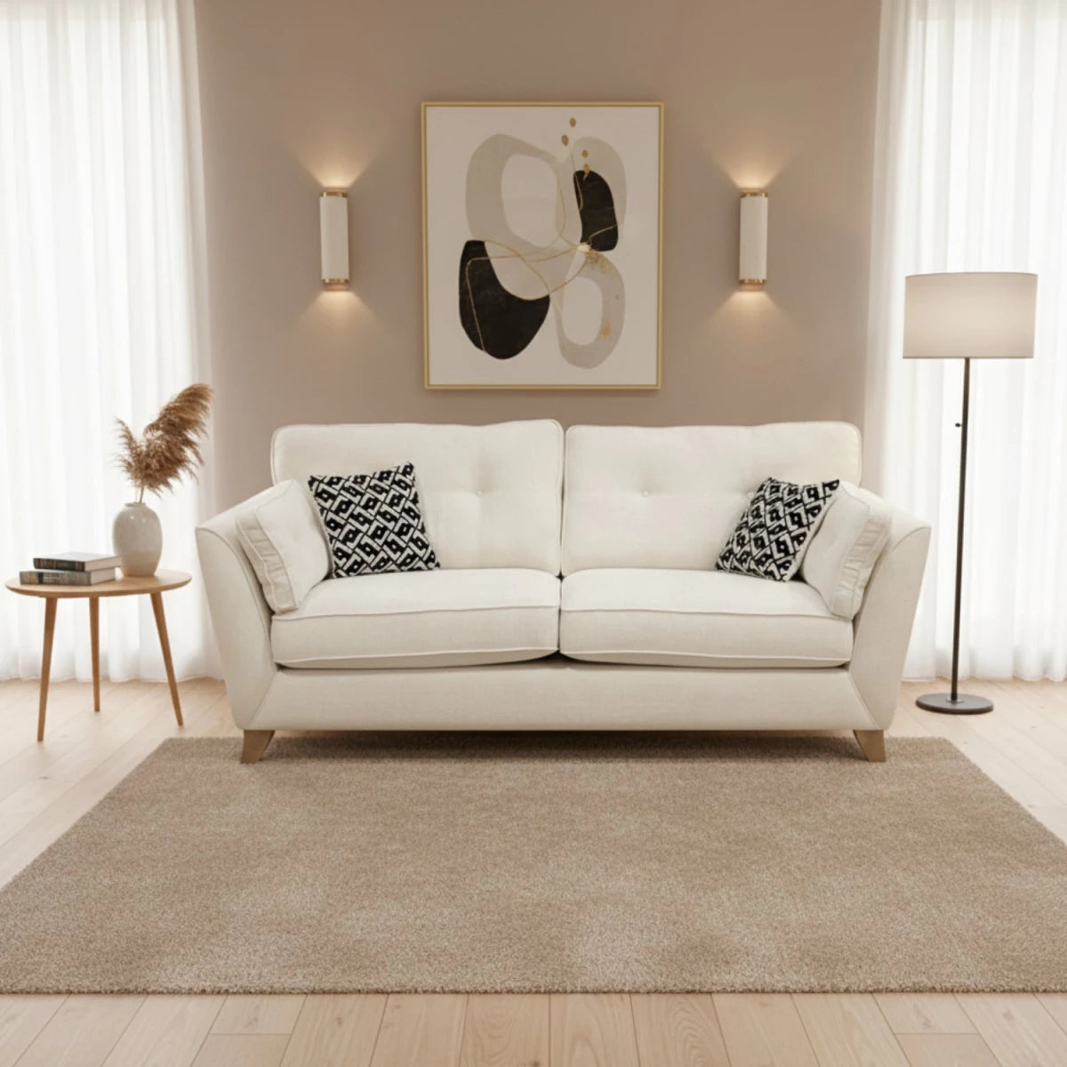Stylish two-seater fabric sofa with clean lines and neutral tone.