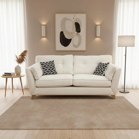 Stylish two-seater fabric sofa with clean lines and neutral tone.