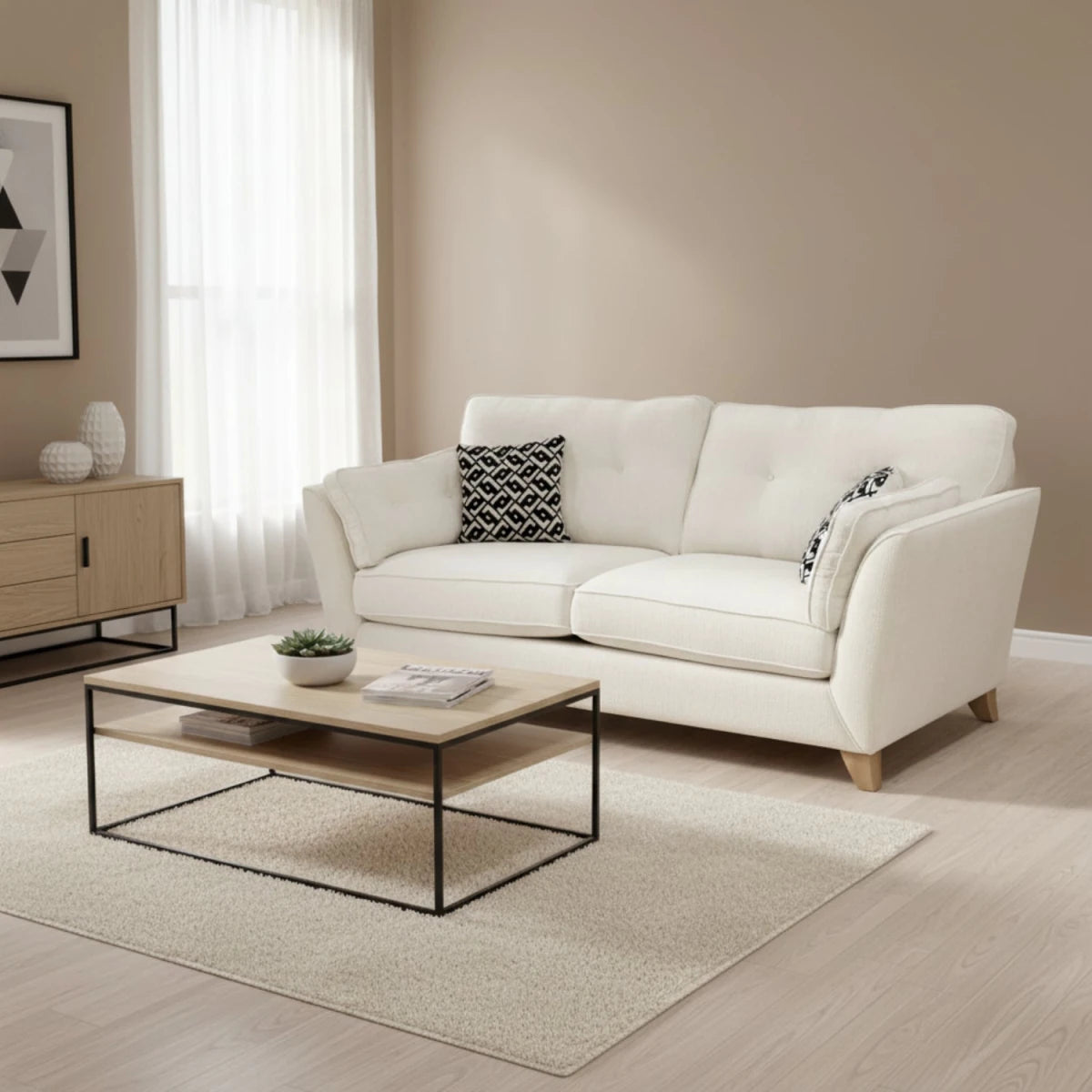 Contemporary 3 seater sofa with deep seating and elegant design.