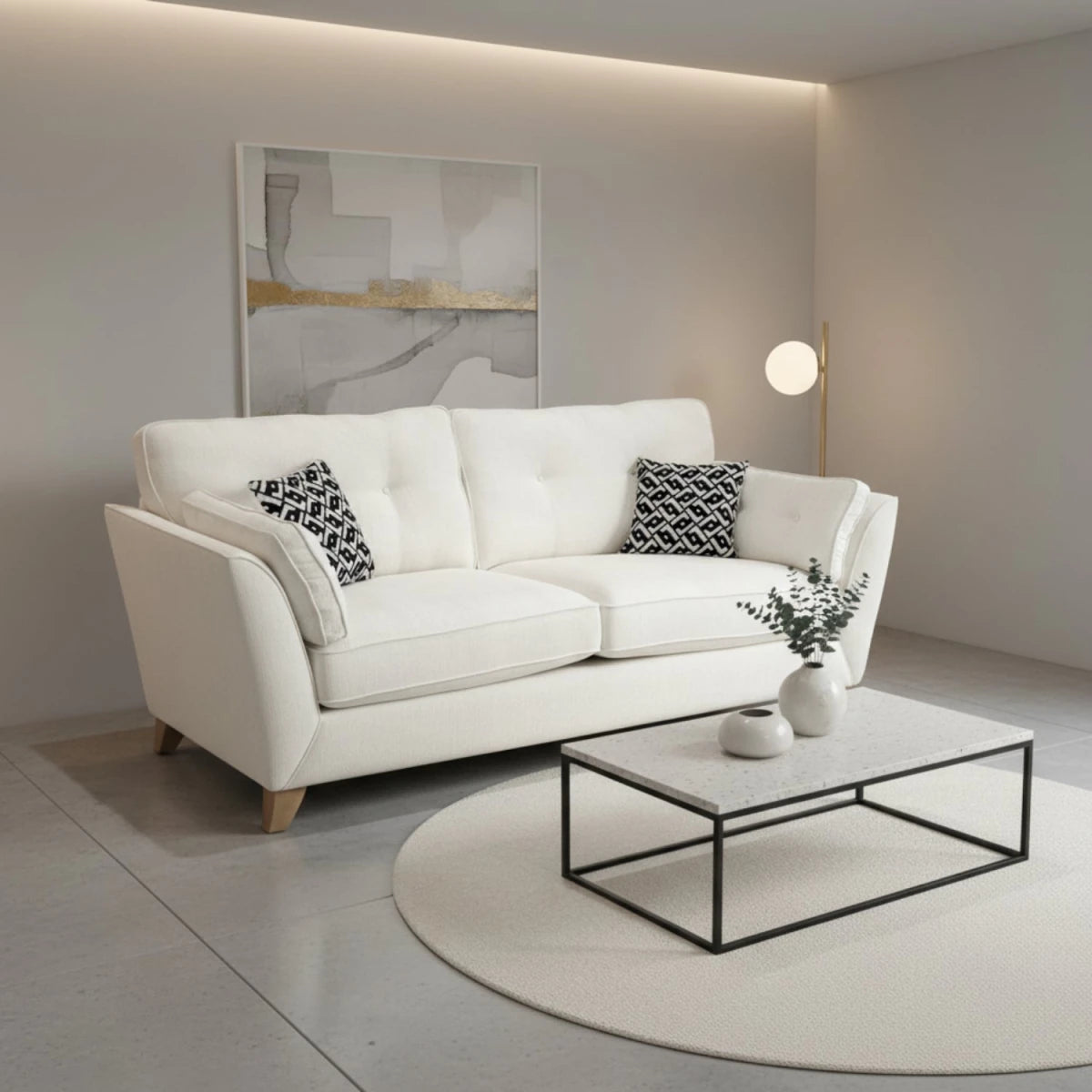 Joshua Matera 3 seater fabric sofa with deep cushions and wooden legs.
