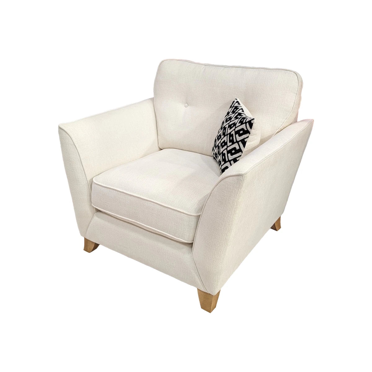 Contemporary fabric chair with deep seat and elegant design.