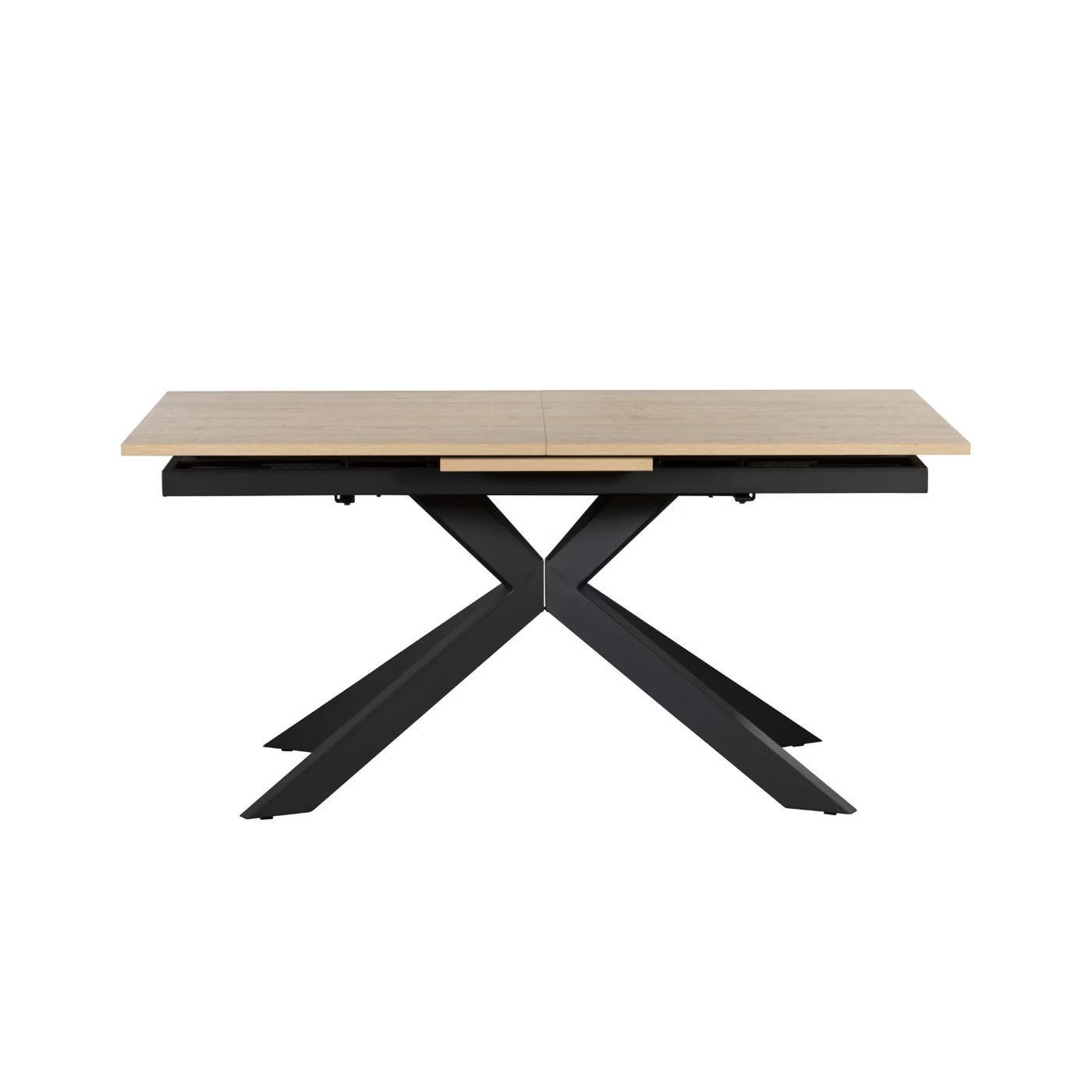 A modern rectangular dining table with a light natural wood top and a black metal X-shaped base, shown on a plain white background.