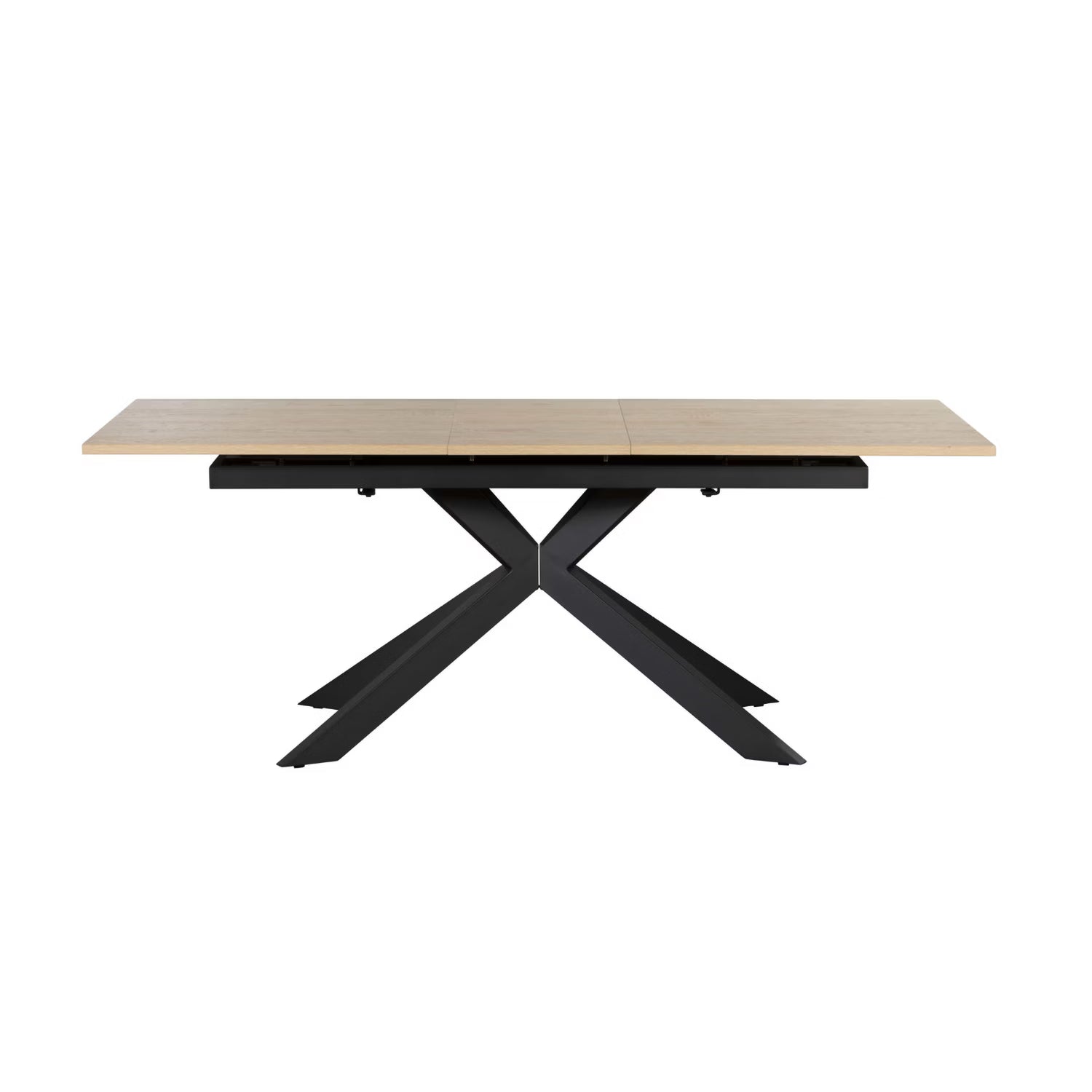 A modern rectangular dining table with a light natural wood top and a black metal X-shaped base, shown against a plain white background.
