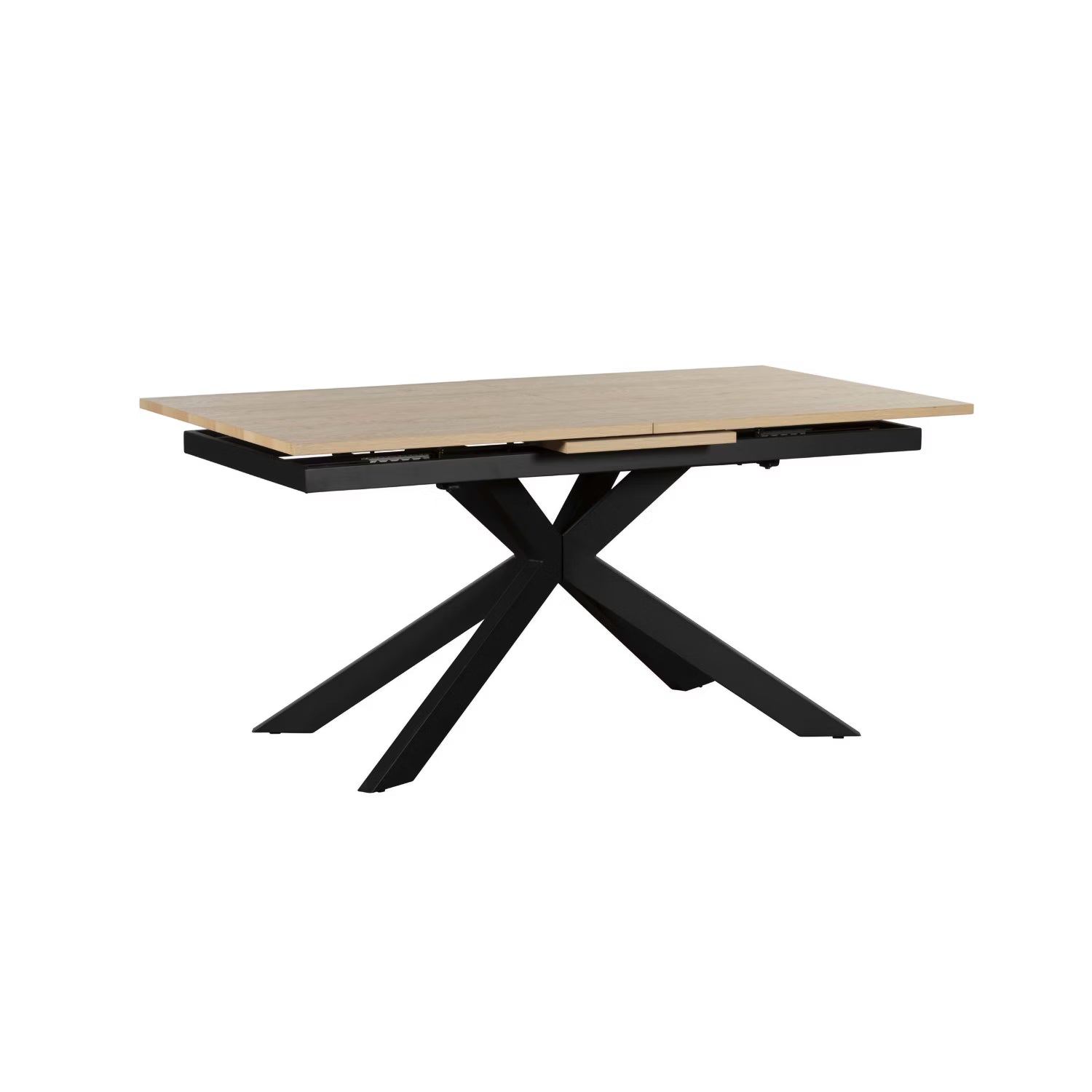 Modern Julian extending dining table with oak effect HPL top, black cross-leg base and smooth centre extension. Heat and scratch resistant surface.