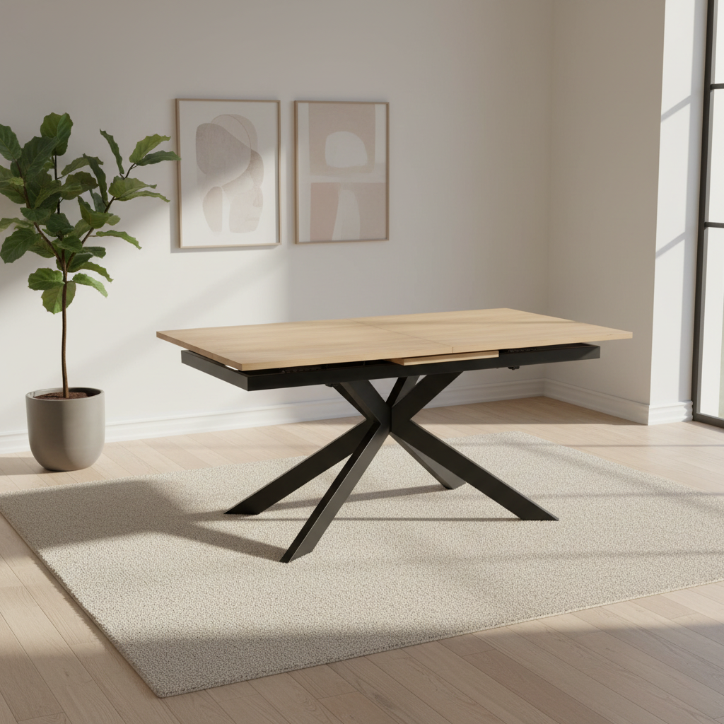 Modern Julian extending dining table with oak effect HPL top, black cross-leg base and smooth centre extension. Heat and scratch resistant surface.