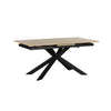 Modern Julian extending dining table with oak effect HPL top, black cross-leg base and smooth centre extension. Heat and scratch resistant surface.