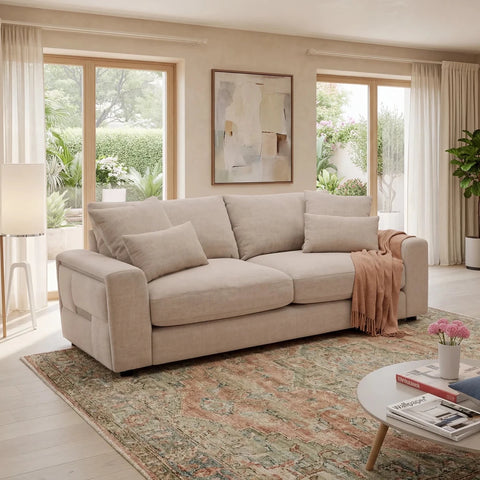 Beehive Jupiter beige 3 seater sofa with deep seating & plush cushions. Stylish modern fabric sofa perfect for comfortable.