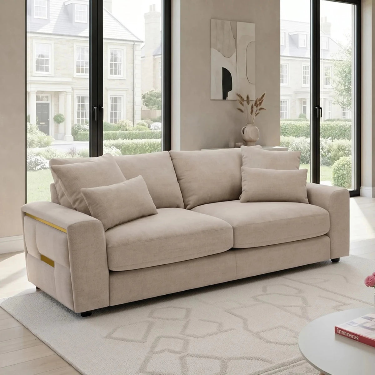 Stylish modern glamour Beige fabric 3 Seater sofa with Gold Trims