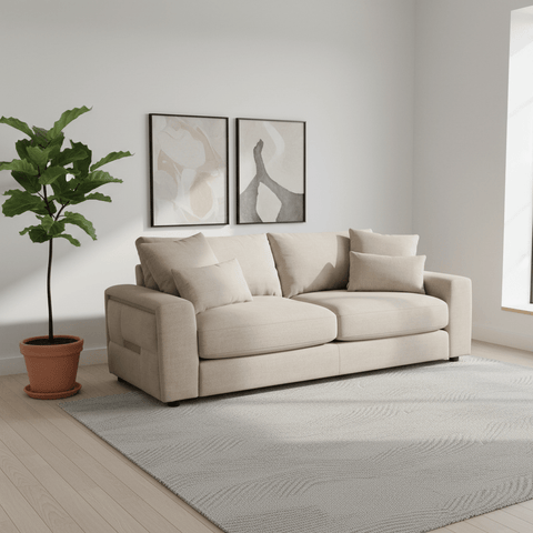 Juvion Luxe Beige Fabric 3 Seater Sofa with Gold Trims on the Side of the arms
