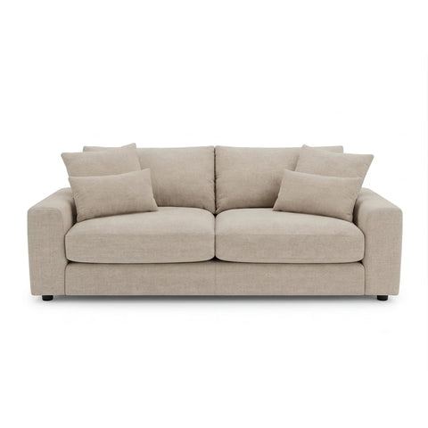 Juvion Luxe beige 3 seater sofa with deep seating & plush cushions. Stylish modern fabric sofa perfect for comfortable.
