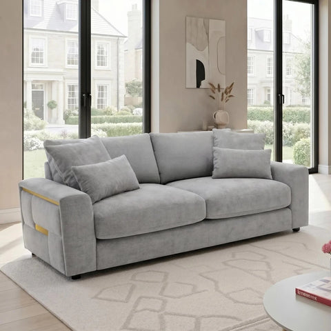 Glamour 3 Seater Grey Fabric Sofa with gold Trims on the side of the Arms