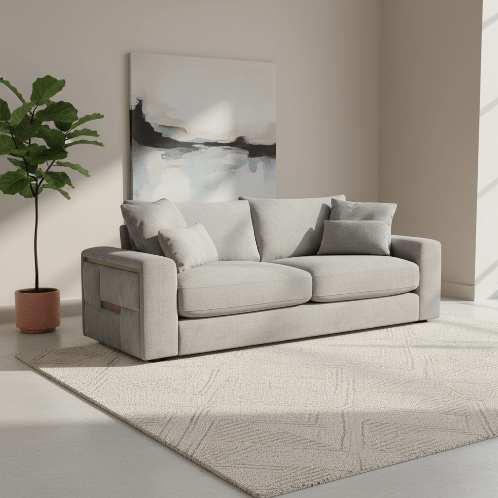 Juvion Luxe grey 3 seater sofa with deep seating & plush cushions. Stylish modern fabric sofa perfect for comfortable.