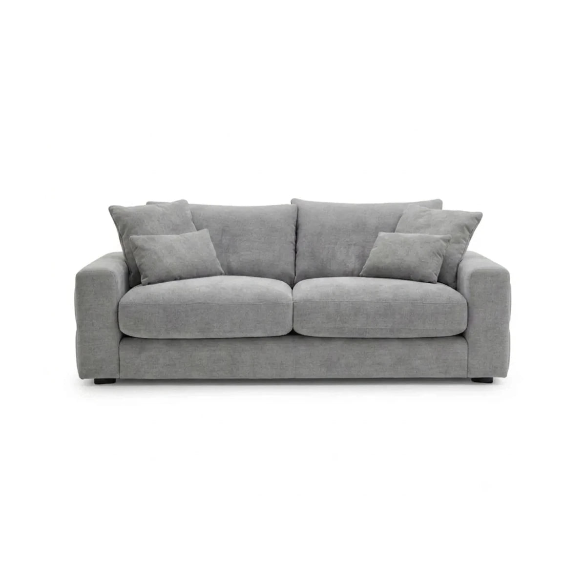 A modern gray fabric  sofa with four matching throw pillows, shown from a front-facing angle on a solid white background.