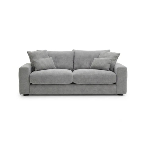 A modern gray fabric  sofa with four matching throw pillows, shown from a front-facing angle on a solid white background.