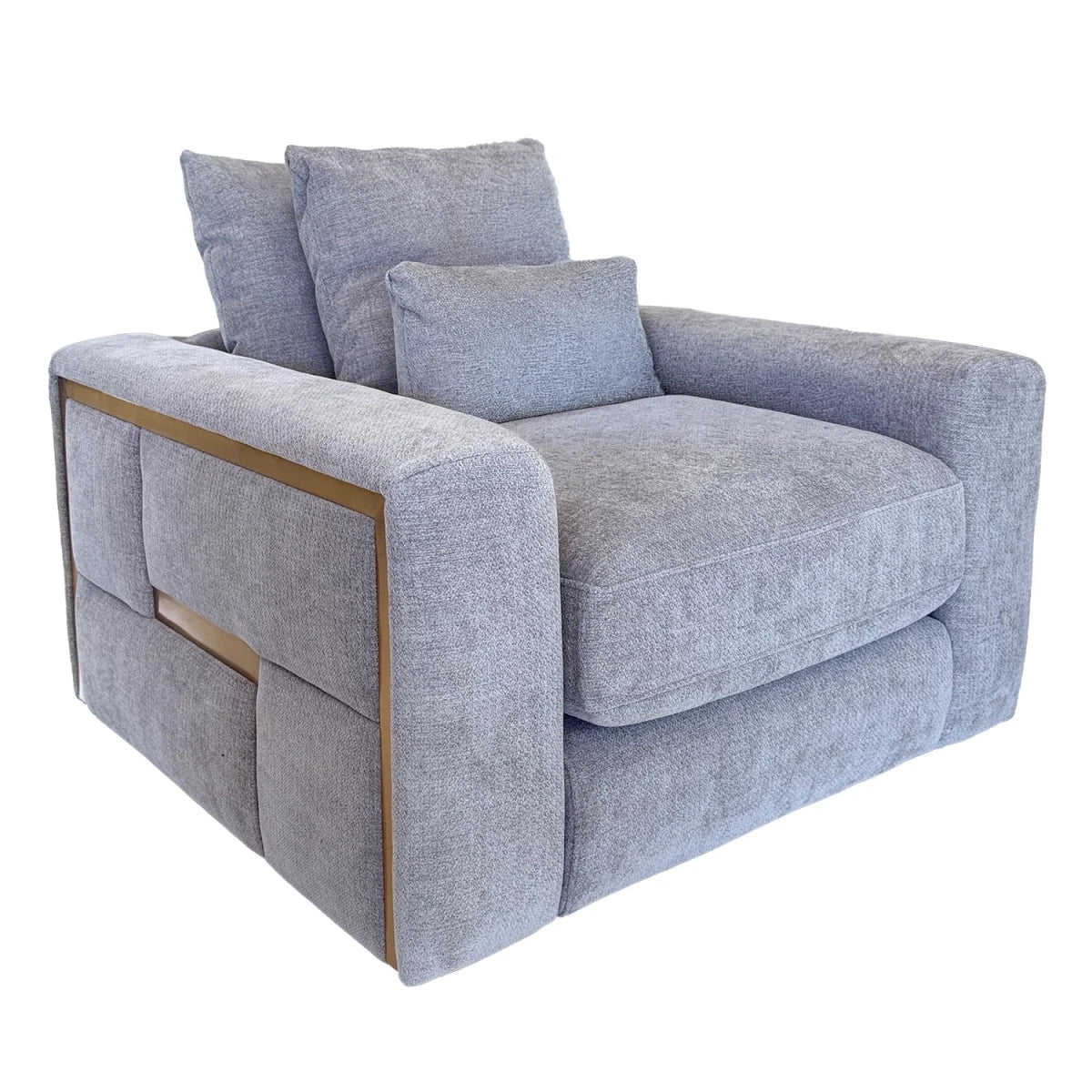 A modern low-profile armchair upholstered in textured light gray fabric, featuring a square frame with gold trim and three matching back cushions, shown on a plain white background.