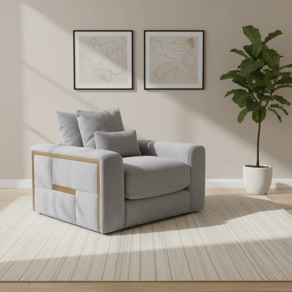 Juvion Luxe grey armchair with soft fabric, deep seating & plush cushions. Stylish modern accent chair perfect for room.