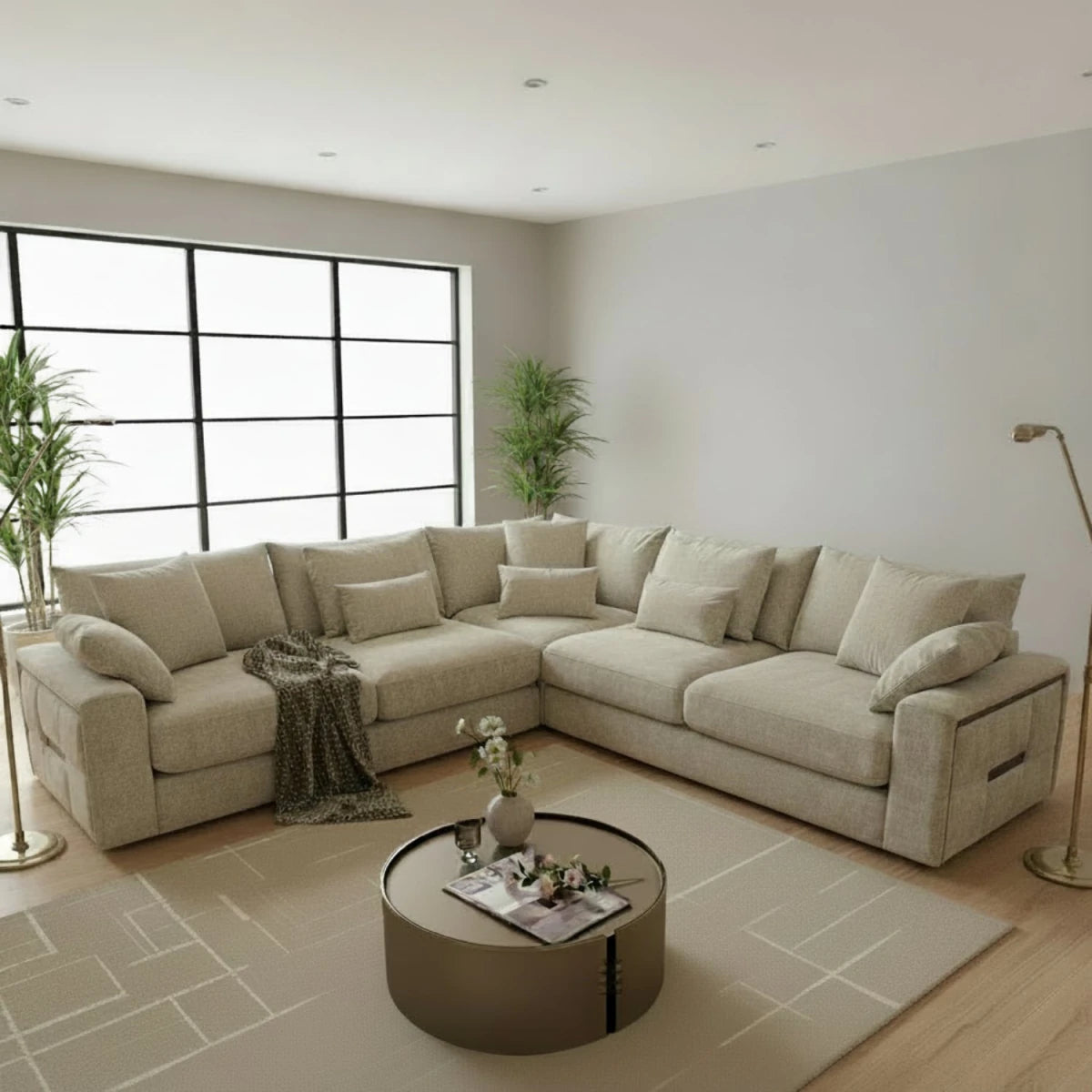 Spacious beige L-shaped corner sofa for stylish living rooms.