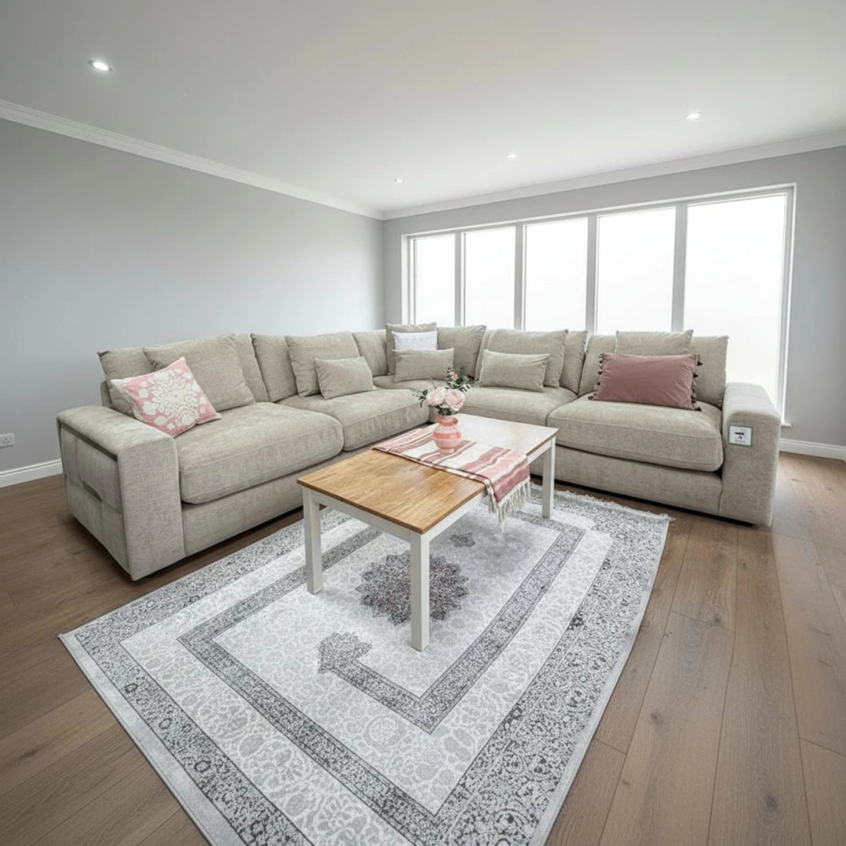 Elegant corner sofa creating a warm inviting interior space.