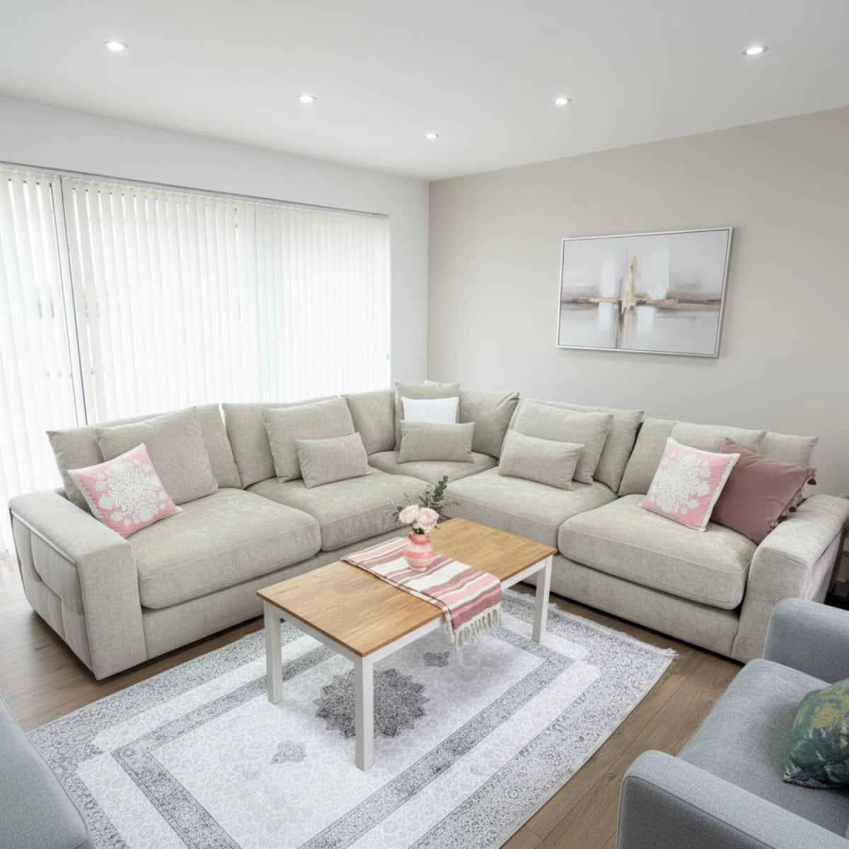 Luxury corner sofa with warm tones and modern detailing.