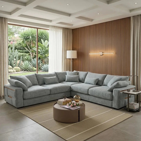 Spacious grey L-shaped corner sofa for contemporary living rooms.
