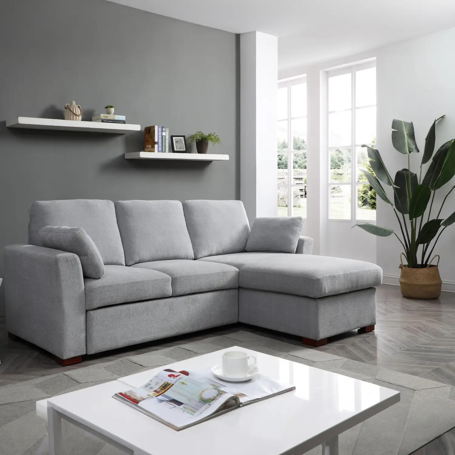 SereneDream Soft Touch Light Grey Fabric Corner Sofa Bed - Lifestyle
