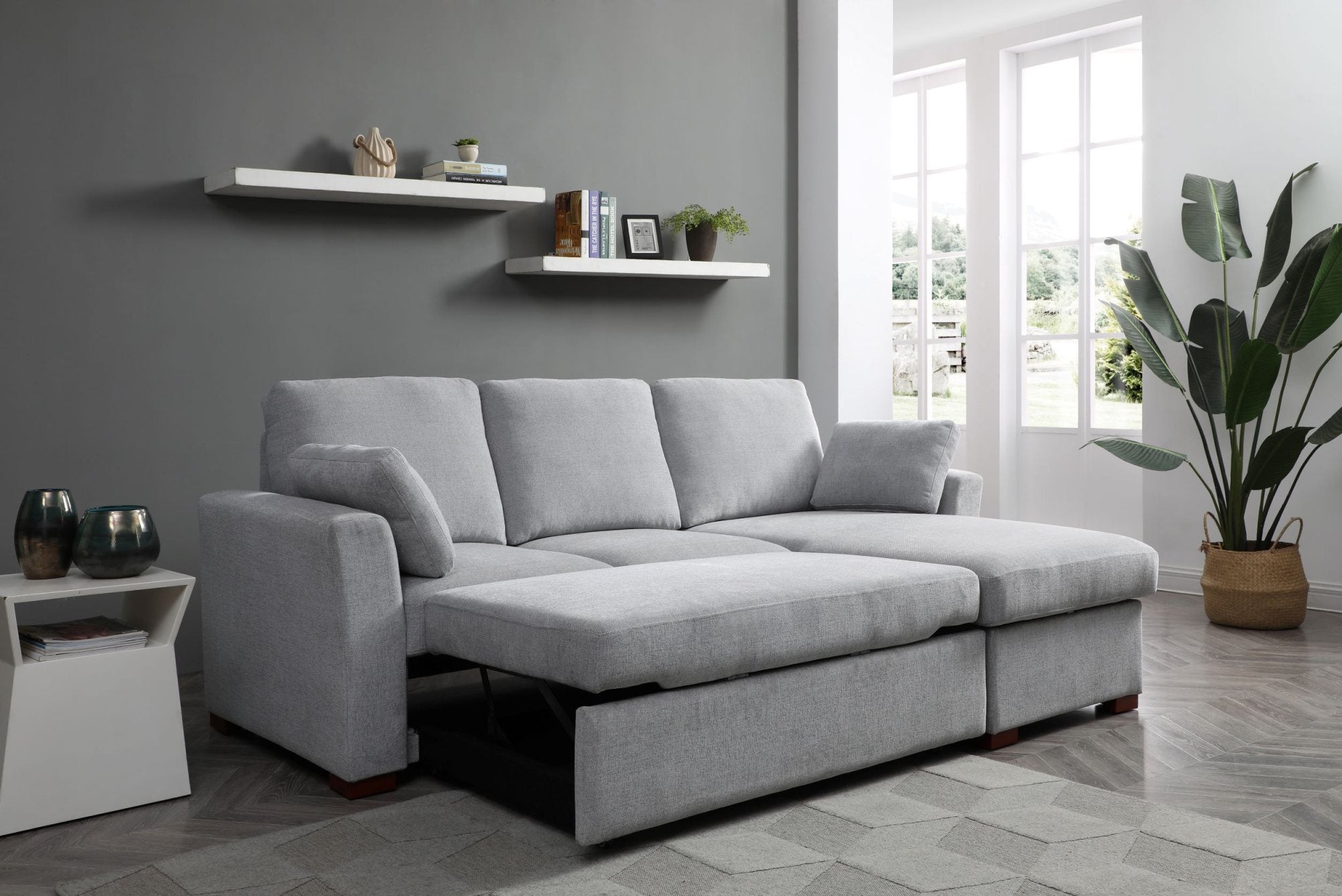 SereneDream Soft Touch Light Grey Fabric Corner Sofa Bed - Open Bed View Lifestyle