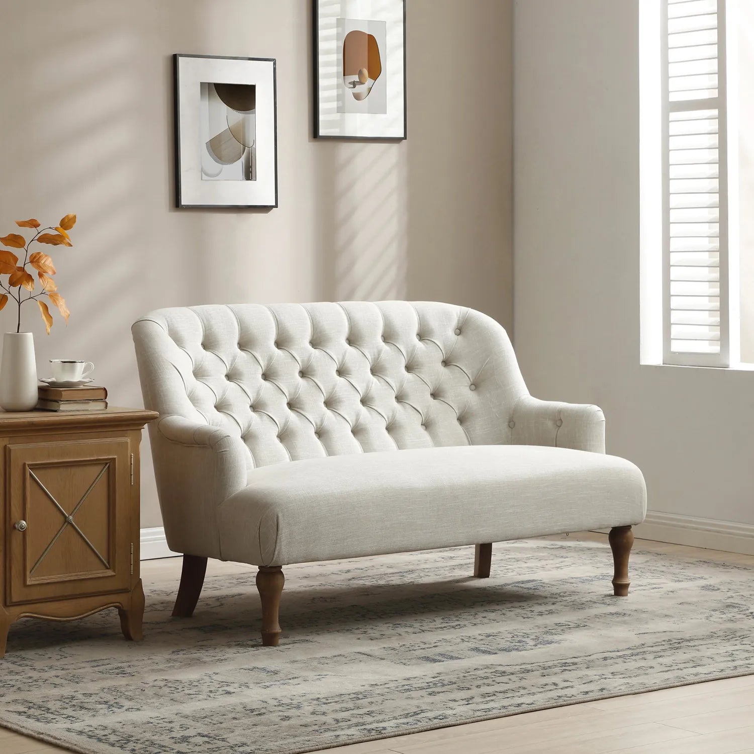 Bia Traditional Cream Linen Fabric 2 Seater Sofa - Pendle Village Furniture