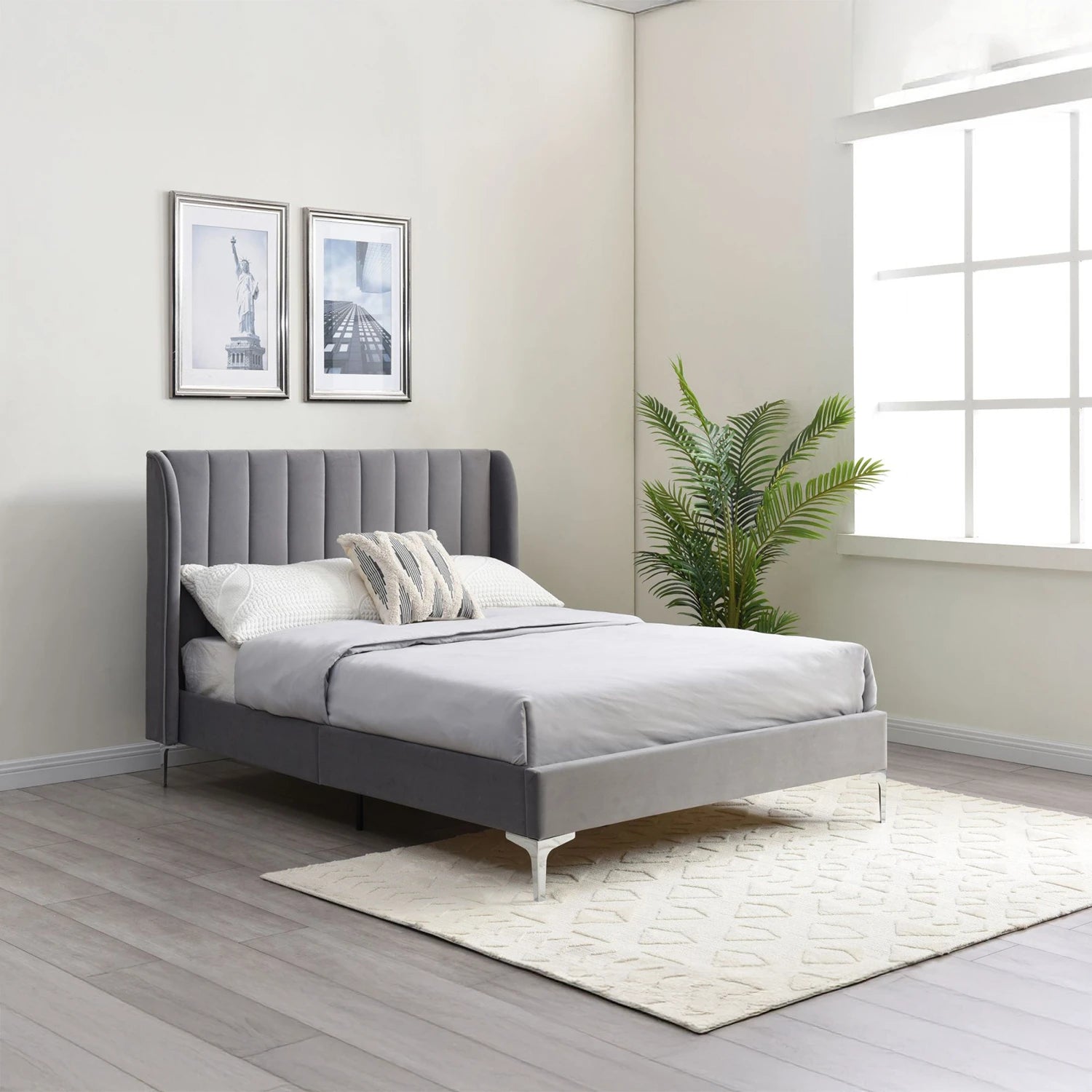 Athena Grey Velvet Bed with stitched headboard and brass silver legs. Available in King and Super King. Modern, elegant, and built for long-lasting comfort.