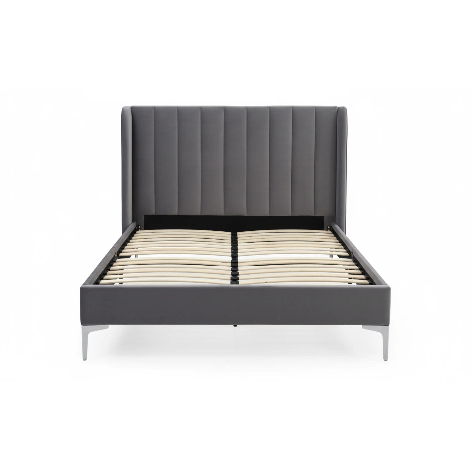Athena Grey Velvet Bed with stitched headboard and brass silver legs. 