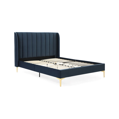 Athena Ink Velvet Bed with tall stitched headboard and gold legs. Available in King and Super King. Luxurious, modern and perfect for stylish bedrooms.