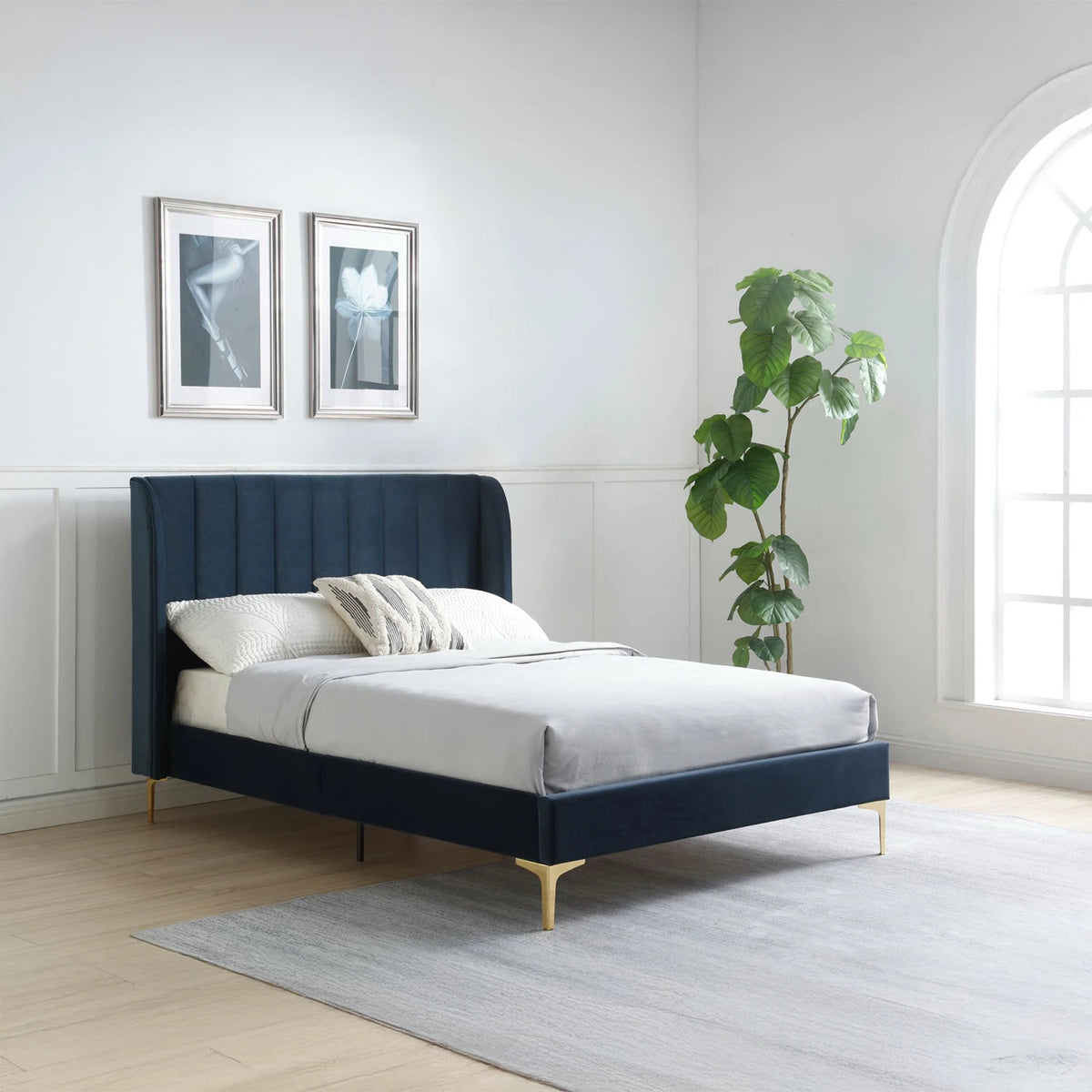 Athena Ink Velvet Superking Bed with tall stitched headboard and gold legs