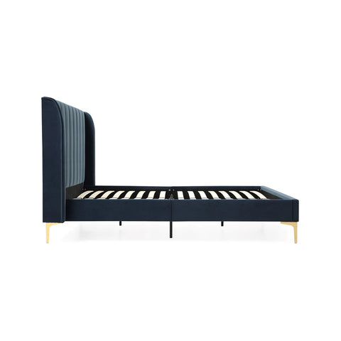 Side view of Athena Ink Velvet Bed with tall stitched headboard and gold legs