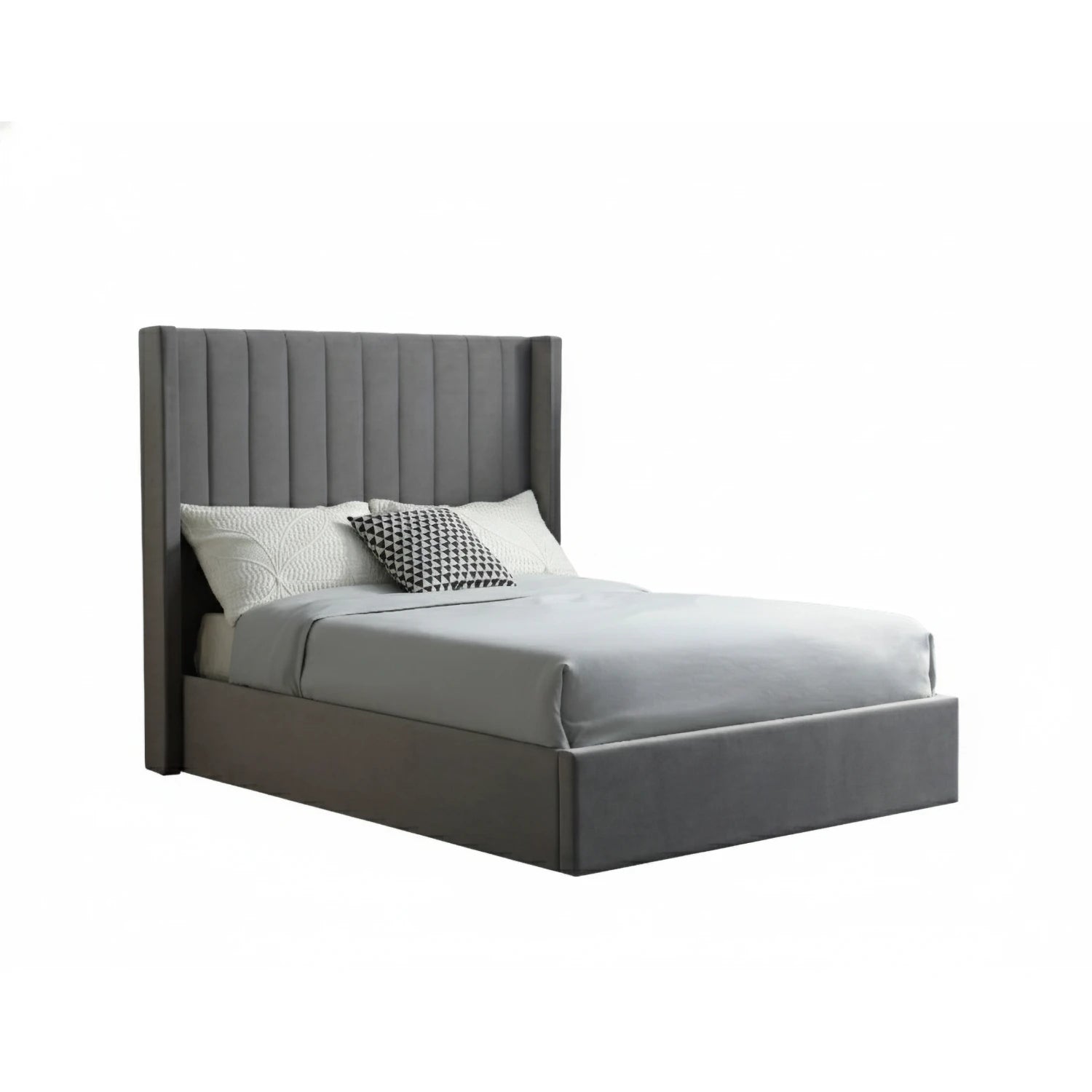 Luxury Athena Grey Velvet Super King Ottoman Bed with wingback headboard and multi-lift storage system. Choose end or side lift. Stylish, modern, and practical.