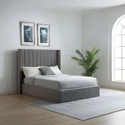 Luxury Athena Grey Velvet Super King Ottoman Bed with wingback headboard and multi-lift storage system. 