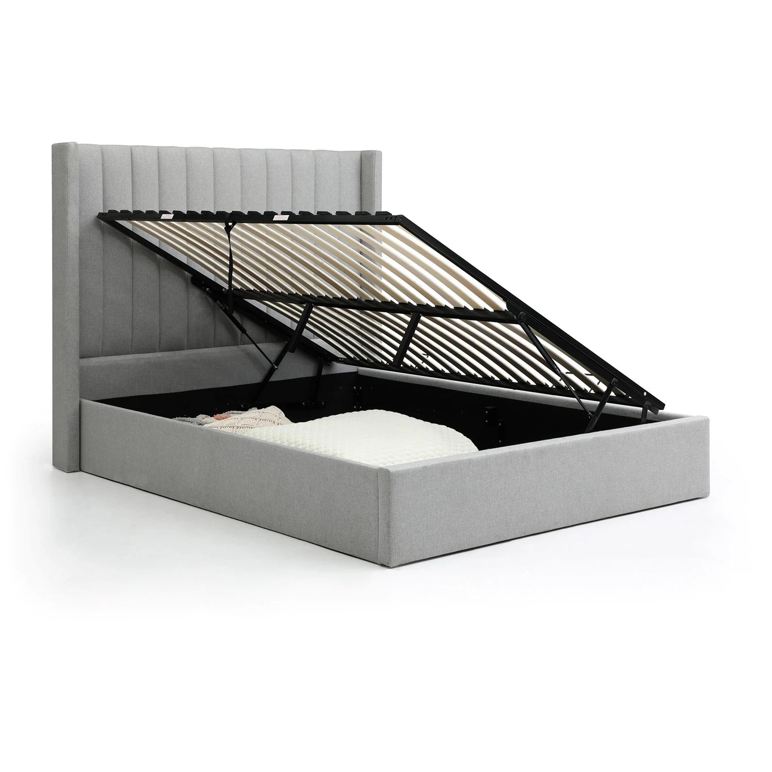 Linear Neptune Grey Faux Wool Super King Bed with wingback headboard and side lift ottoman storage. 