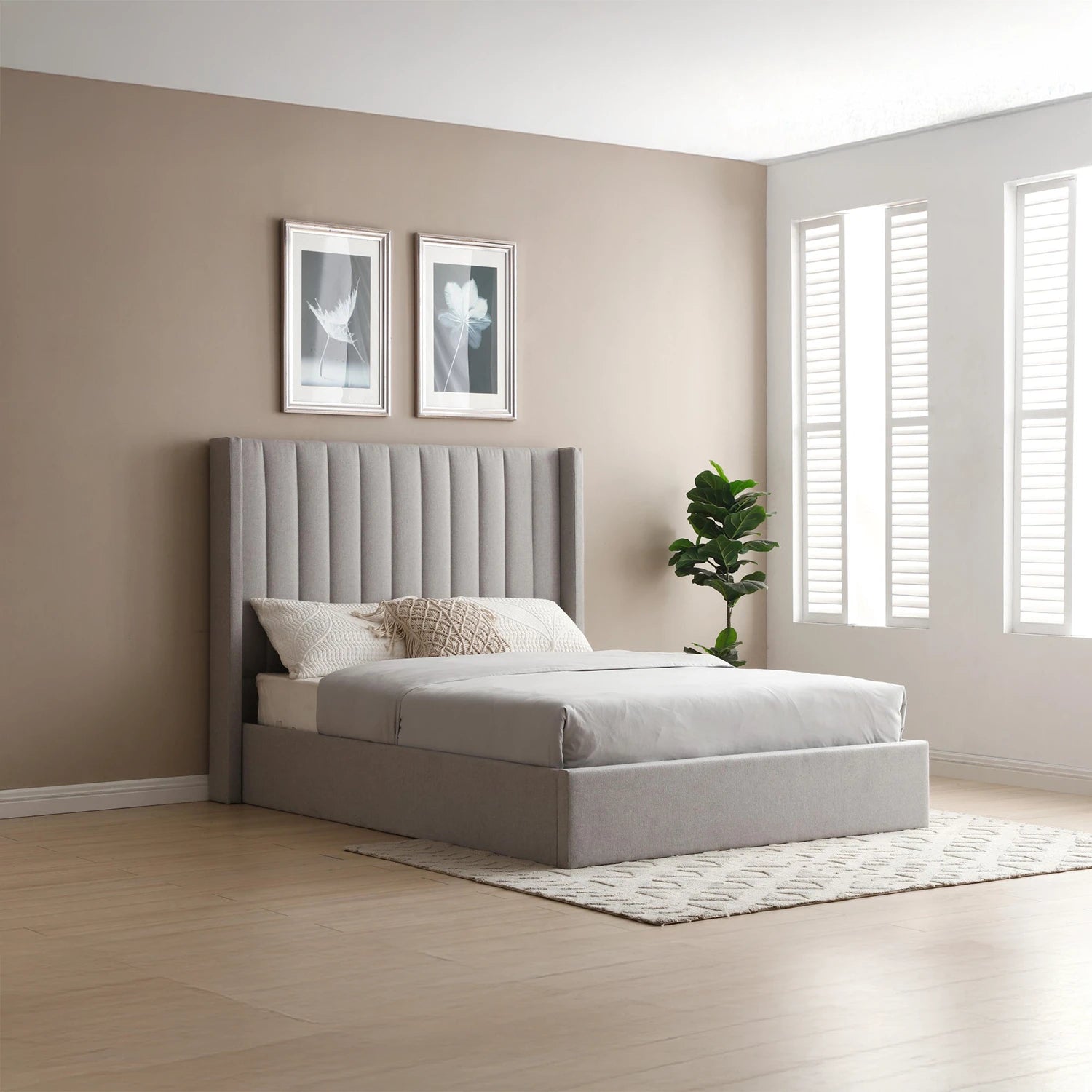 Linear Neptune Grey Faux Wool Super King Bed with wingback headboard and multi-lift ottoman storage. 